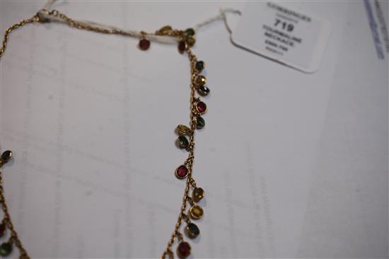 An early-mid 20th century gold and multi-coloured tourmaline drop fringe necklace, 38cm.